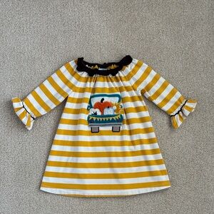 Three Sisters yellow striped dress with pumpkin truck appliqué, size 3T